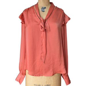 Bleuh Ciel Coral Long Sleeve Top Women's Size L Ruffle Tie Neck Silky Office EUC